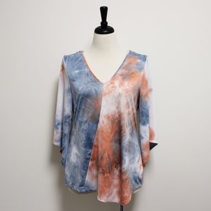 One World V Neck Tie Dyed Tunic 3/4 Sleeves Orange White Blue